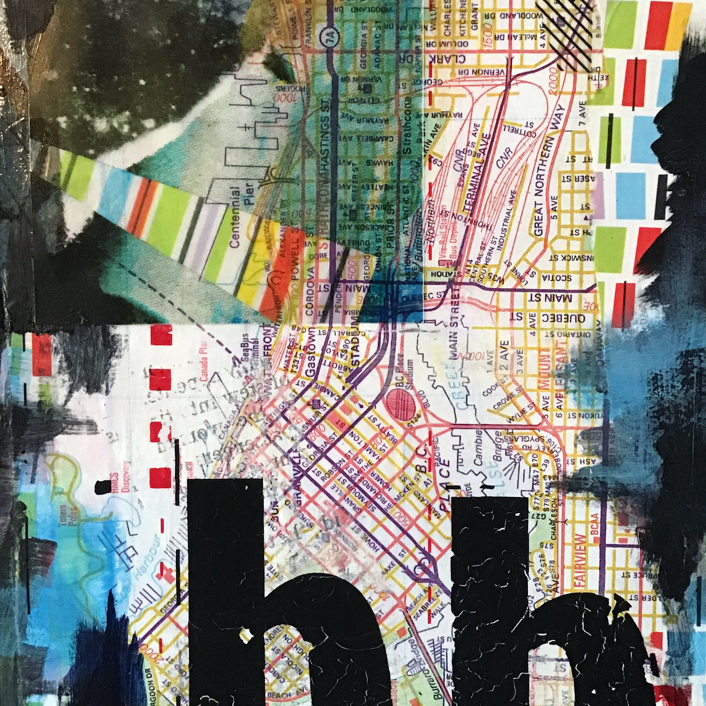 This is a picture of one of the collages in this art project - this one features layers of colourful street maps with large lowercase letters "bb" cut off at the bottom.